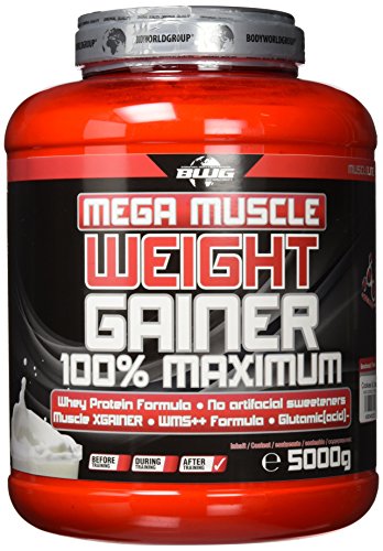 BWG Mega Muscle Weight Gainer 100% Maximum – perfekt für HardGainer und Massephasen – Kraftaufbau – Mega Cookies & Cream – Dose mit Dosierlöffel – (1x 5000g Dose)