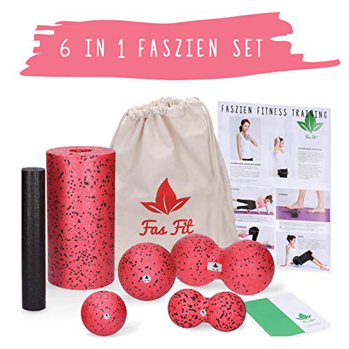 Fas Fit Faszienrolle – Foam Roller Set 6teilig – Massagerollen & Faszienbälle – Faszien Rolle für EIN effektives Faszientraining – inkl. Poster, Übungsheft, E-Book und Tasche (Rot – 6 in 1 Set)