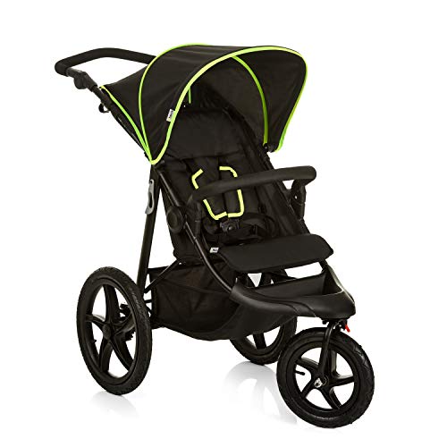 Hauck Runner Dreirad Jogger Buggy bis 25 kg mit Liegefunktion ab Geburt, große Lufträder für jedes Terrain, höhenverstellbarer Schiebegriff, kompakt zusammenfaltbar, schwarz/neon-gelb