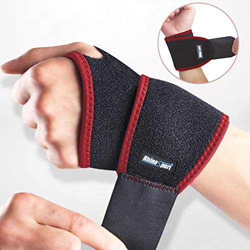 RHINOSPORT Handgelenk Bandagen Wrist Wraps Handgelenkbandage für Fitness, Bodybuilding, Kraftsport & Crossfit für Frauen und Männer Handgelenkschoner Handgelenkstütze (Rot, Linke -B)