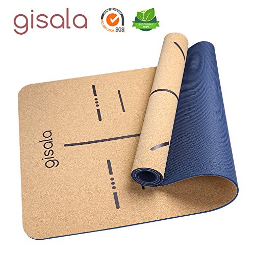 gisala Yogamatte aus Kork und Naturkautschuk, Yoga Matte rutschfest für Gymnastik, Pflegeleichte jogamatte mit Tragegurt(183 x 65 x 0,6 cm) (Blau)